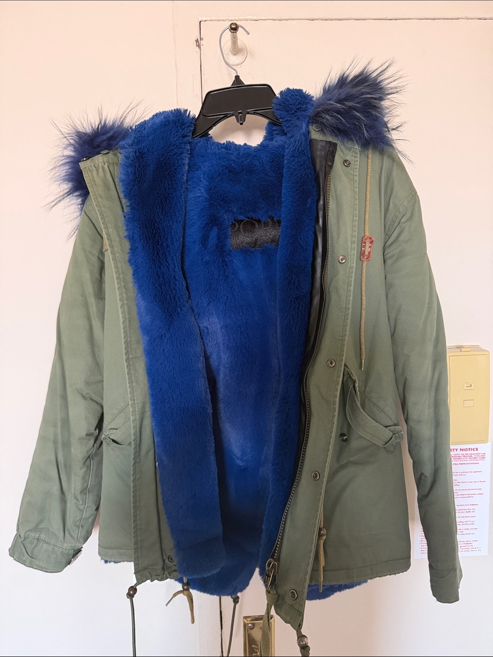 Popski London Olive Green Parka with Royal Blue Fur